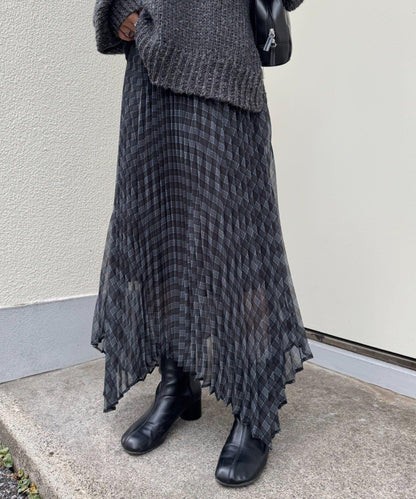 【也可作長款上衣】2WAY不規則下襬百褶格紋裙