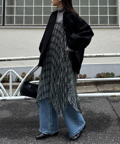 【也可作長款上衣】2WAY不規則下襬百褶格紋裙