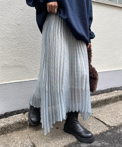 【也可作長款上衣】2WAY不規則下襬百褶格紋裙