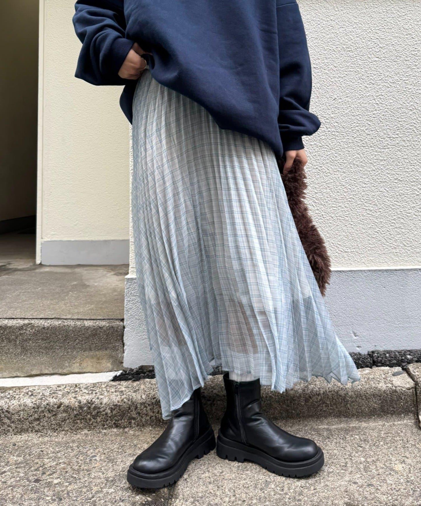 【也可作長款上衣】2WAY不規則下襬百褶格紋裙