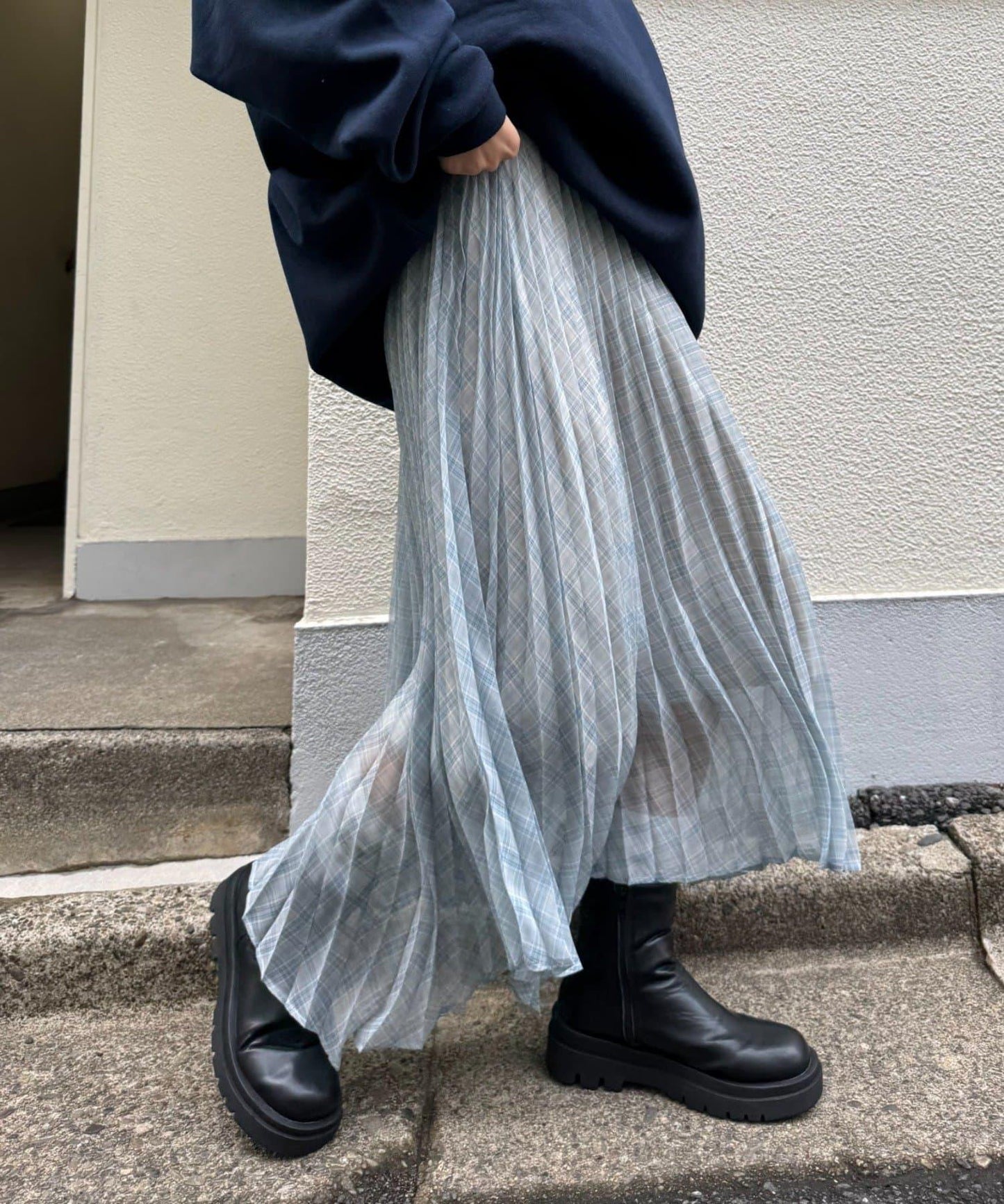 【也可作長款上衣】2WAY不規則下襬百褶格紋裙