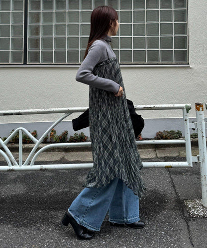 【也可作長款上衣】2WAY不規則下襬百褶格紋裙