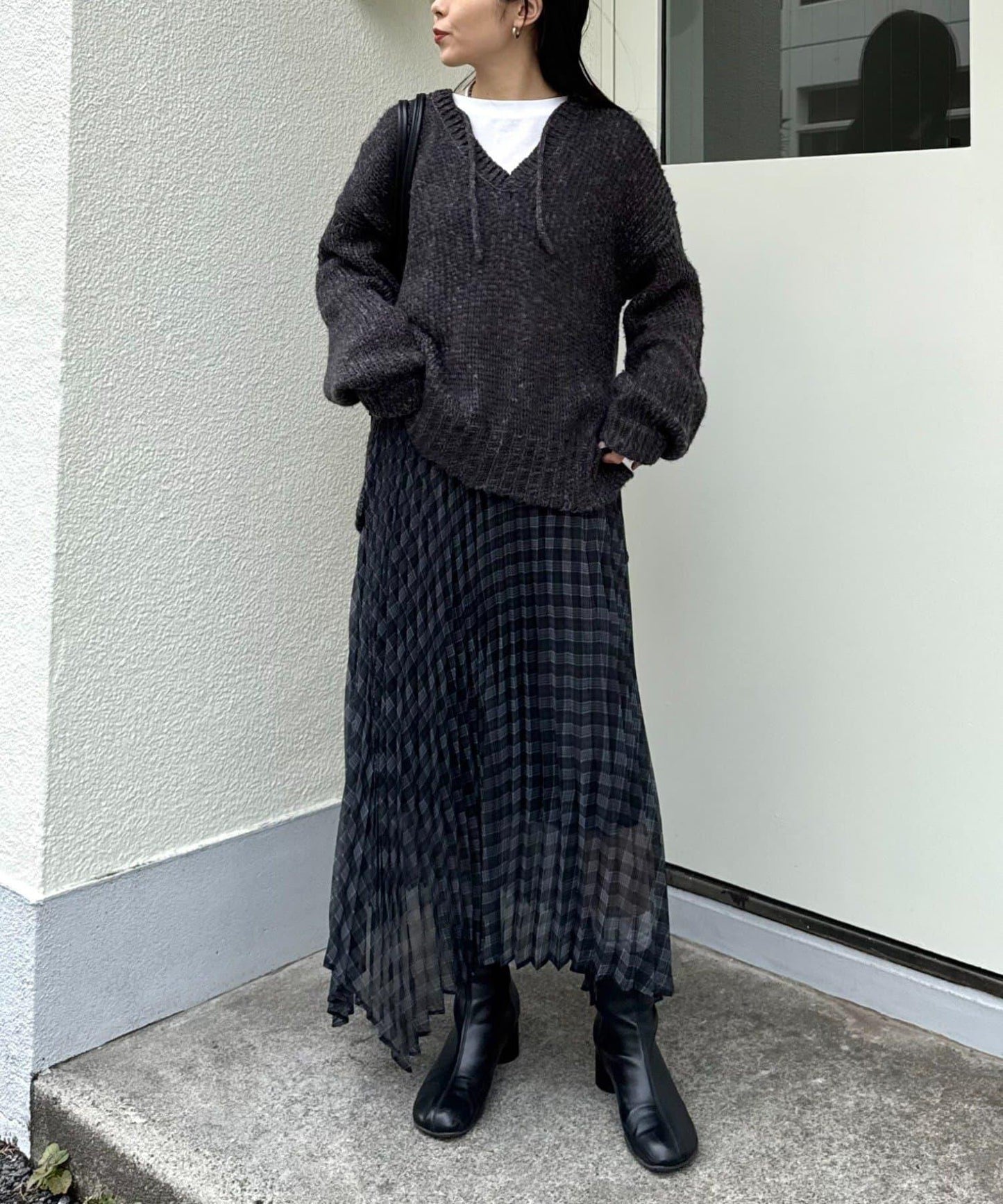 【也可作長款上衣】2WAY不規則下襬百褶格紋裙