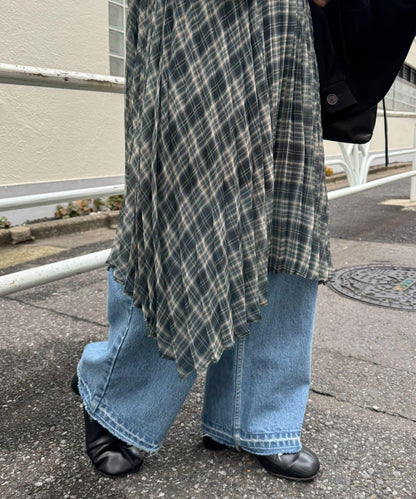 【也可作長款上衣】2WAY不規則下襬百褶格紋裙