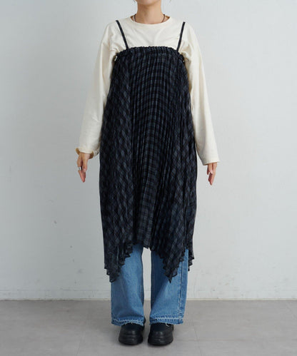 【也可作長款上衣】2WAY不規則下襬百褶格紋裙