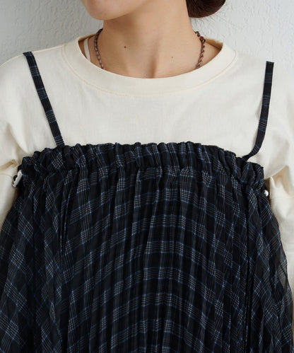 【也可作長款上衣】2WAY不規則下襬百褶格紋裙