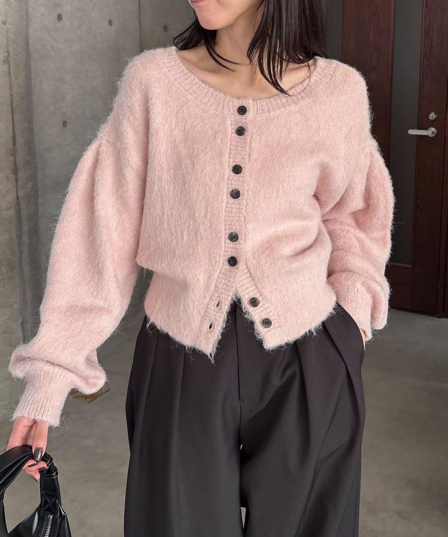 【前後兩穿】馬海毛絨感泡泡袖開衫