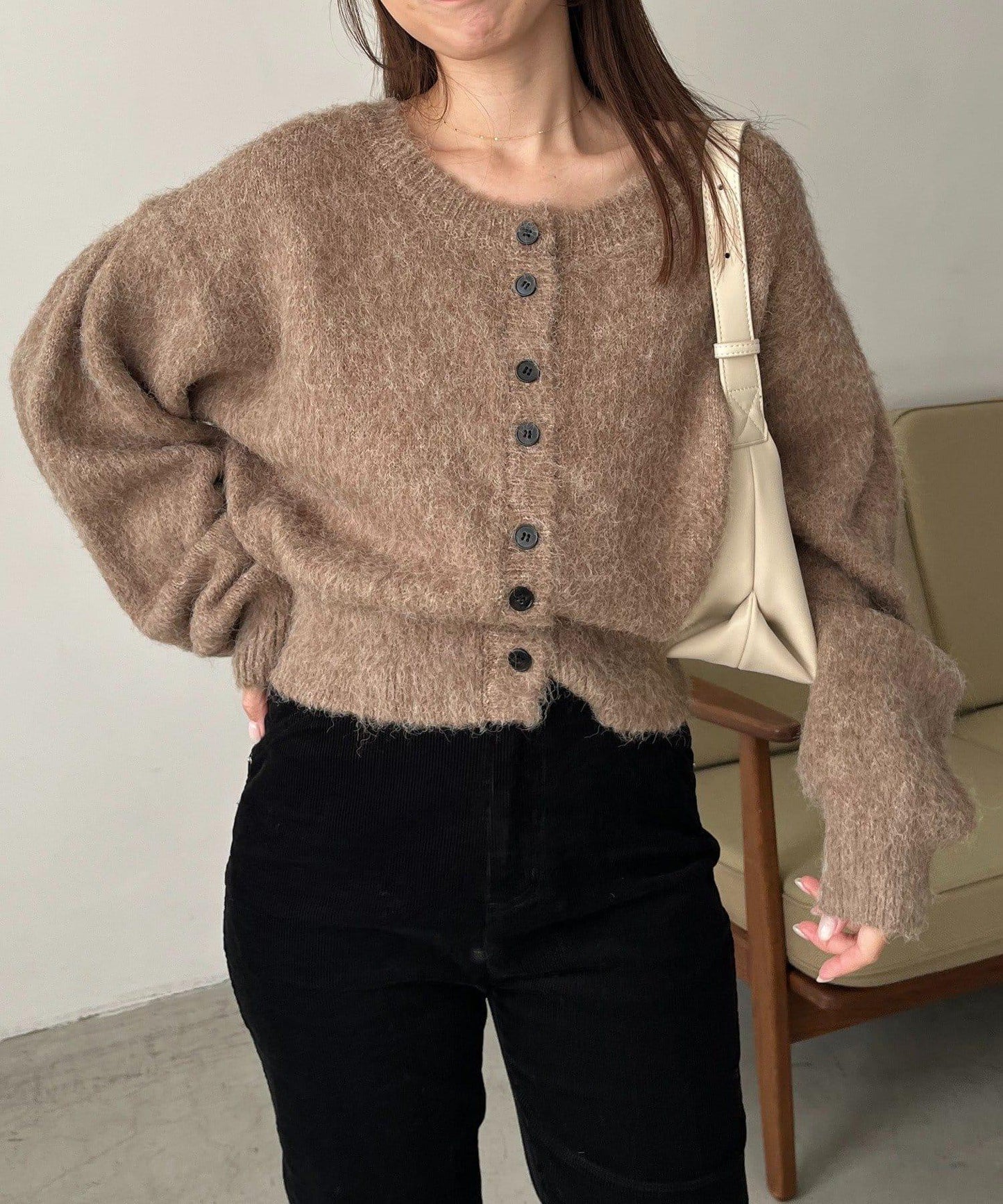 【前後兩穿】馬海毛絨感泡泡袖開衫