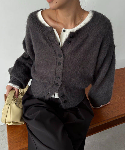 【前後兩穿】馬海毛絨感泡泡袖開衫