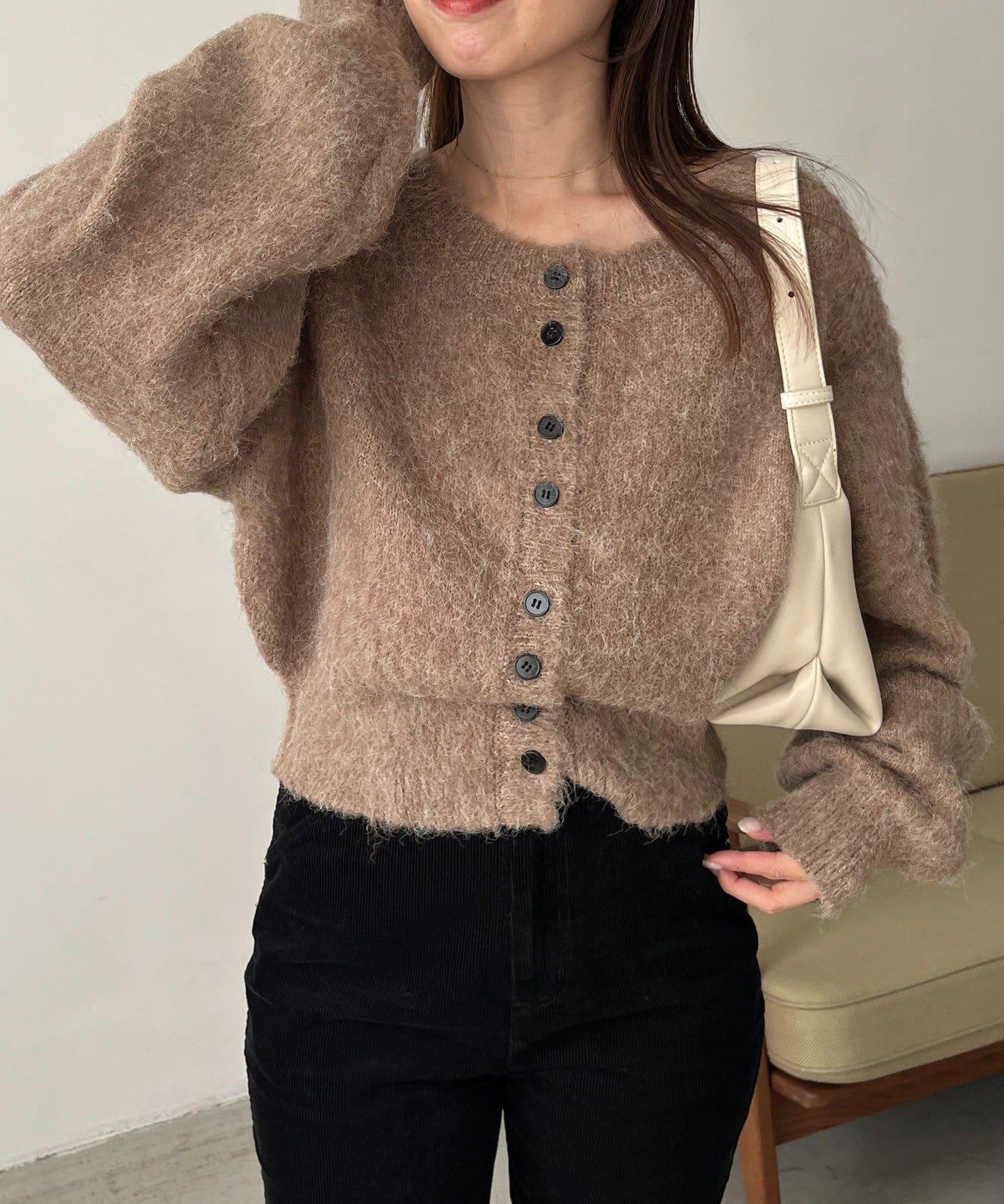 【前後兩穿】馬海毛絨感泡泡袖開衫