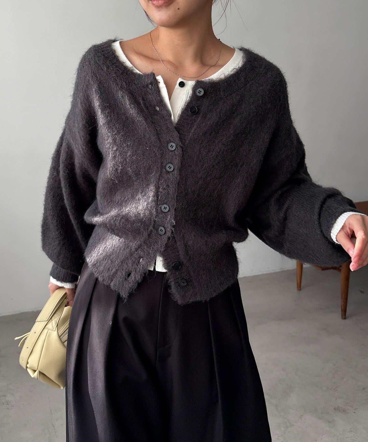 【前後兩穿】馬海毛絨感泡泡袖開衫