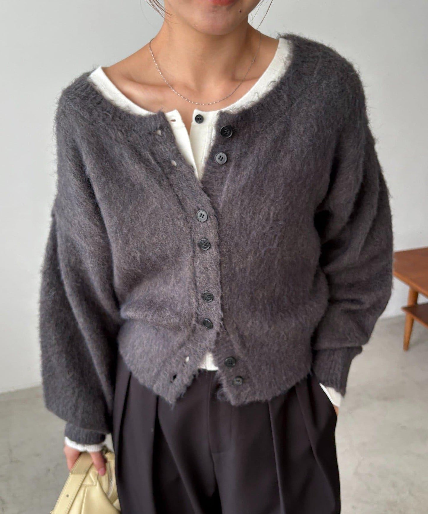 【前後兩穿】馬海毛絨感泡泡袖開衫