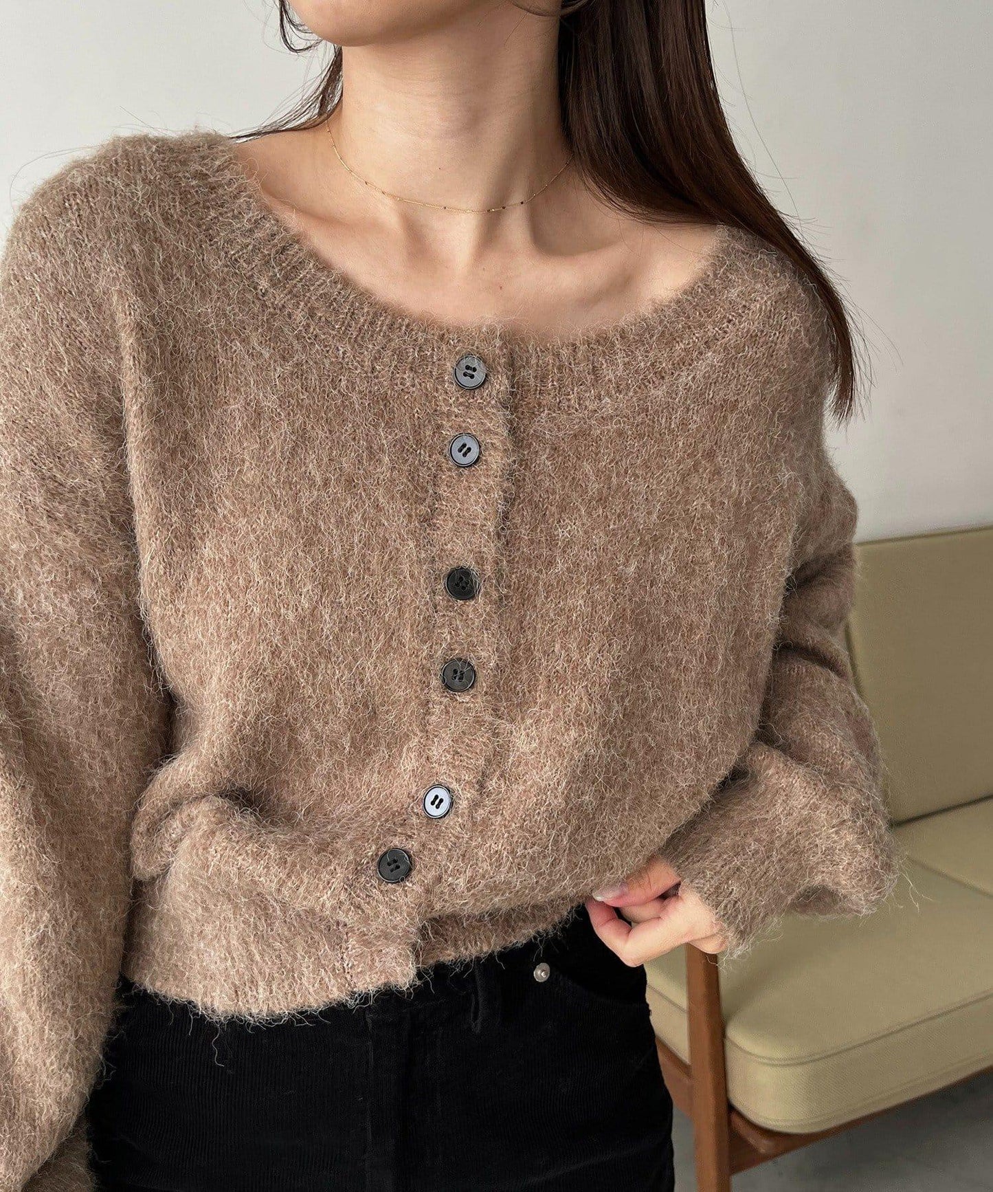 【前後兩穿】馬海毛絨感泡泡袖開衫