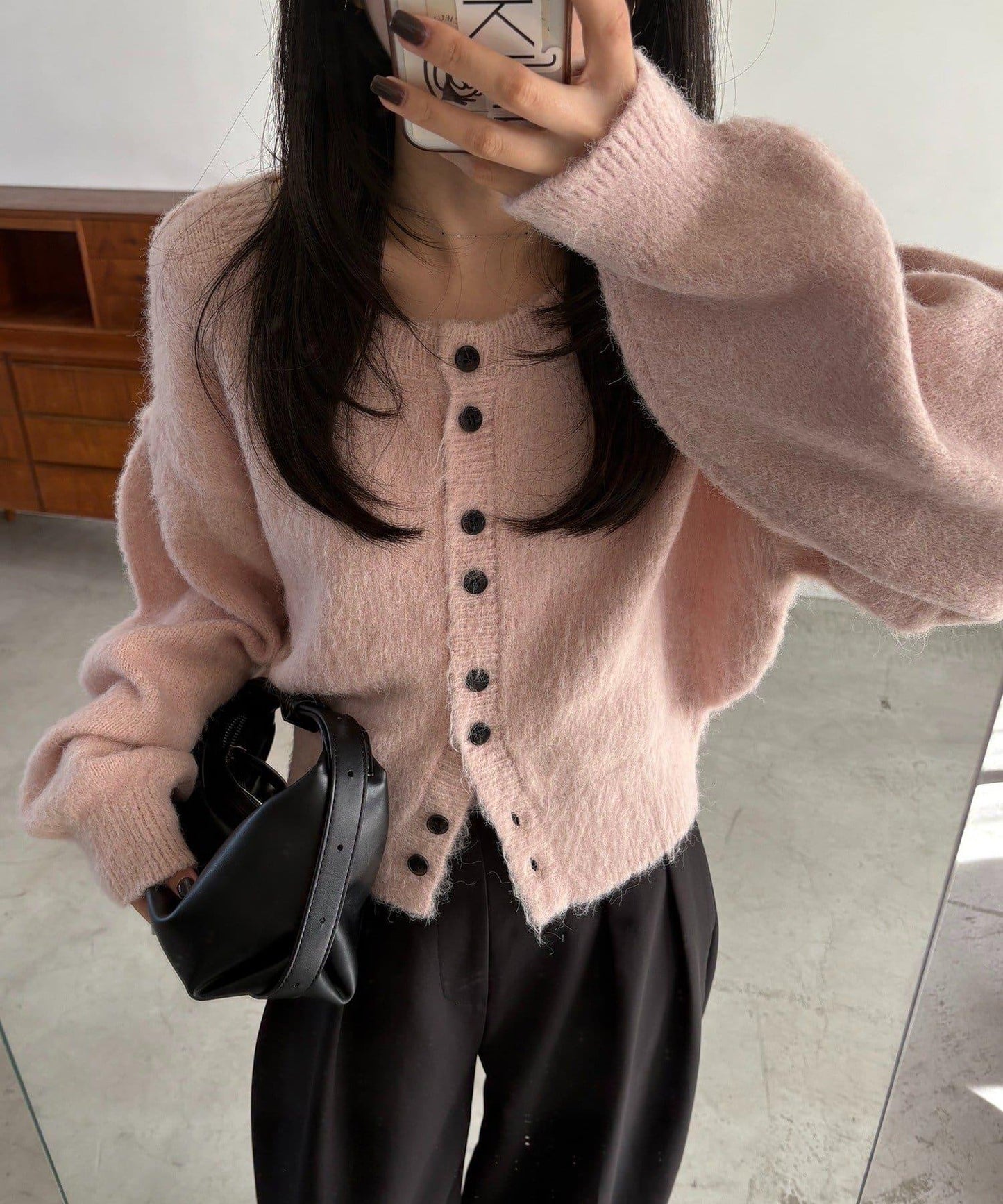 【前後兩穿】馬海毛絨感泡泡袖開衫