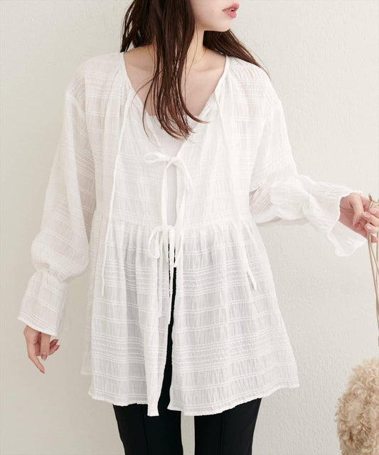 【natural couture】條紋燈籠袖荷葉邊上衣