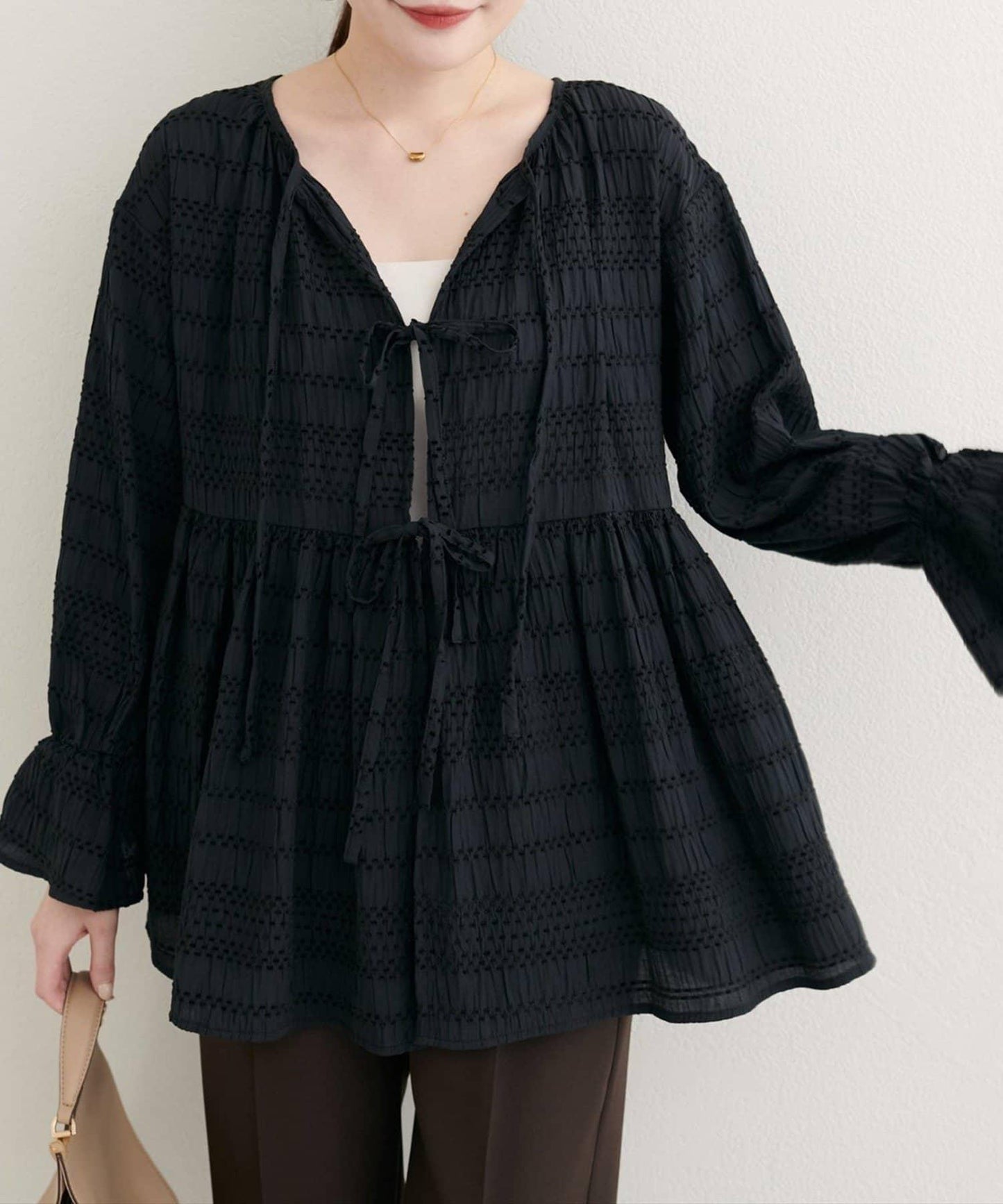 【natural couture】條紋燈籠袖荷葉邊上衣