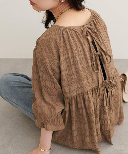 【natural couture】條紋燈籠袖荷葉邊上衣