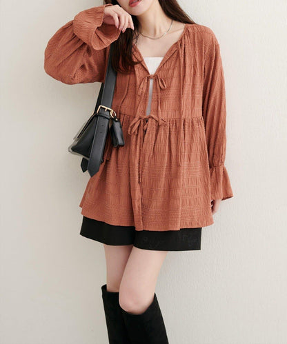 【natural couture】條紋燈籠袖荷葉邊上衣