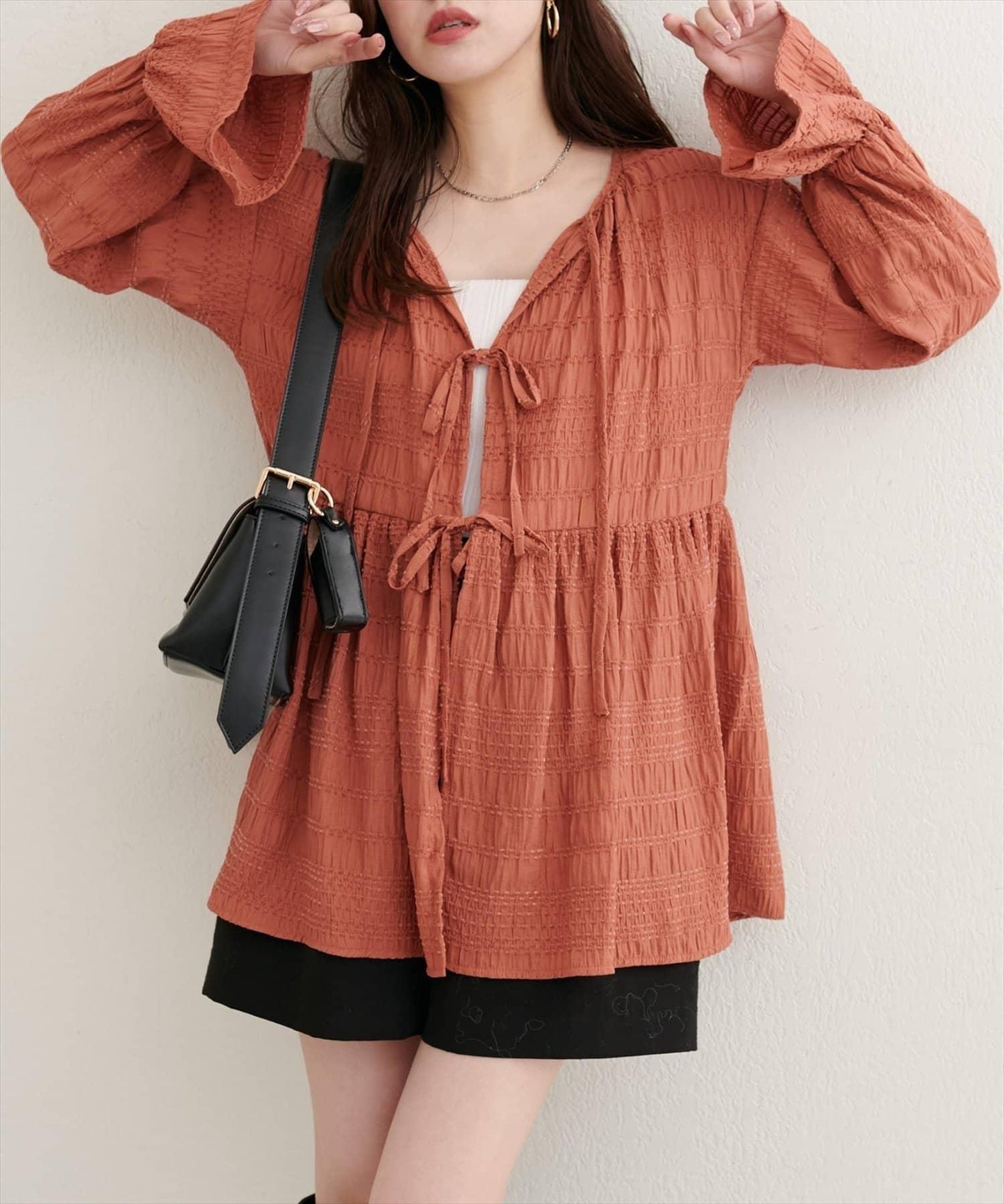 【natural couture】條紋燈籠袖荷葉邊上衣