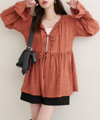 【natural couture】條紋燈籠袖荷葉邊上衣