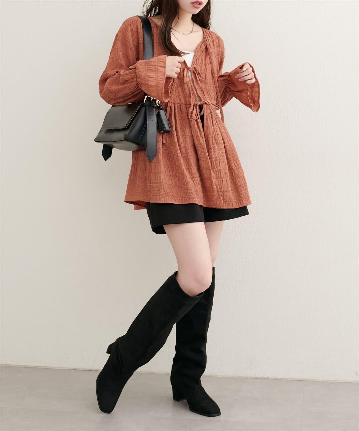 【natural couture】條紋燈籠袖荷葉邊上衣