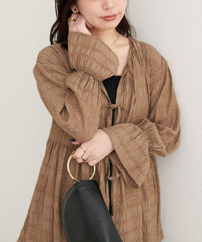 【natural couture】條紋燈籠袖荷葉邊上衣