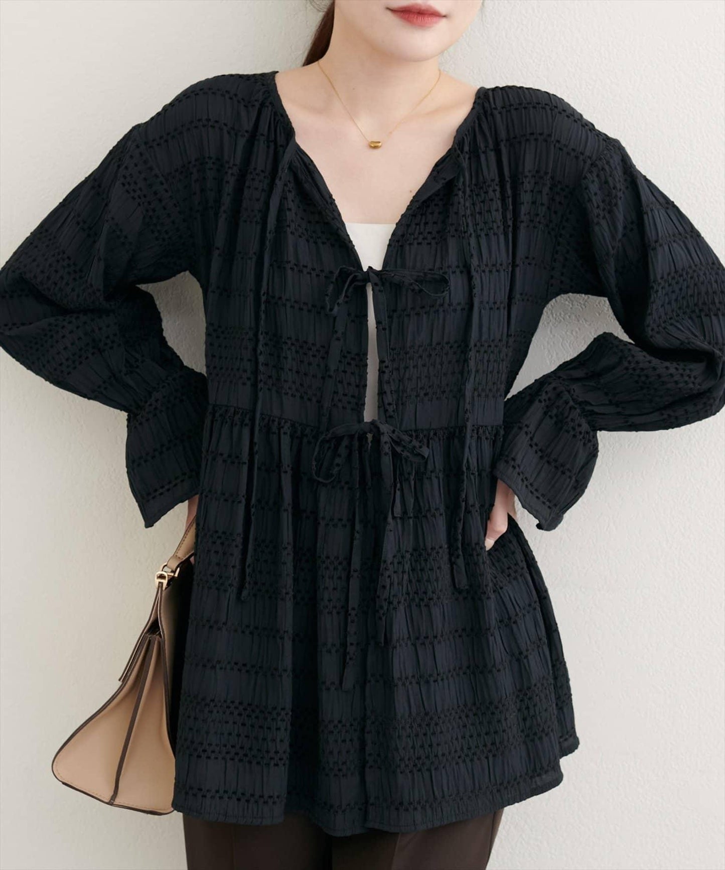 【natural couture】條紋燈籠袖荷葉邊上衣