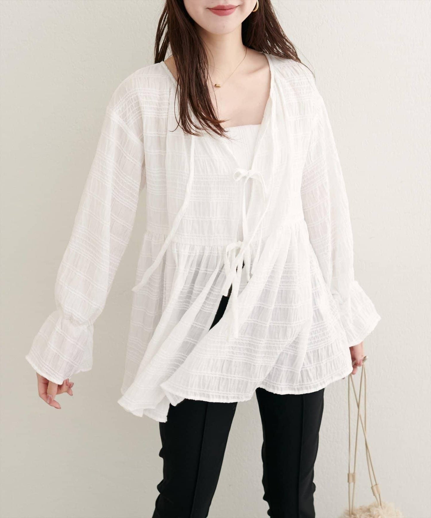 【natural couture】條紋燈籠袖荷葉邊上衣