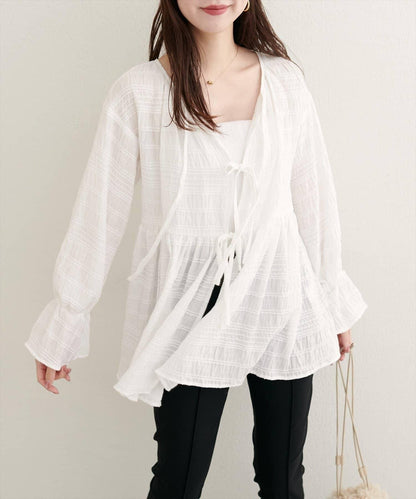 【natural couture】條紋燈籠袖荷葉邊上衣