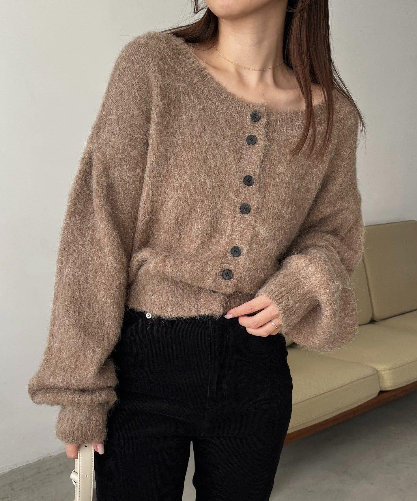 【前後兩穿】馬海毛絨感泡泡袖開衫