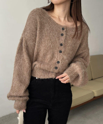 【前後兩穿】馬海毛絨感泡泡袖開衫