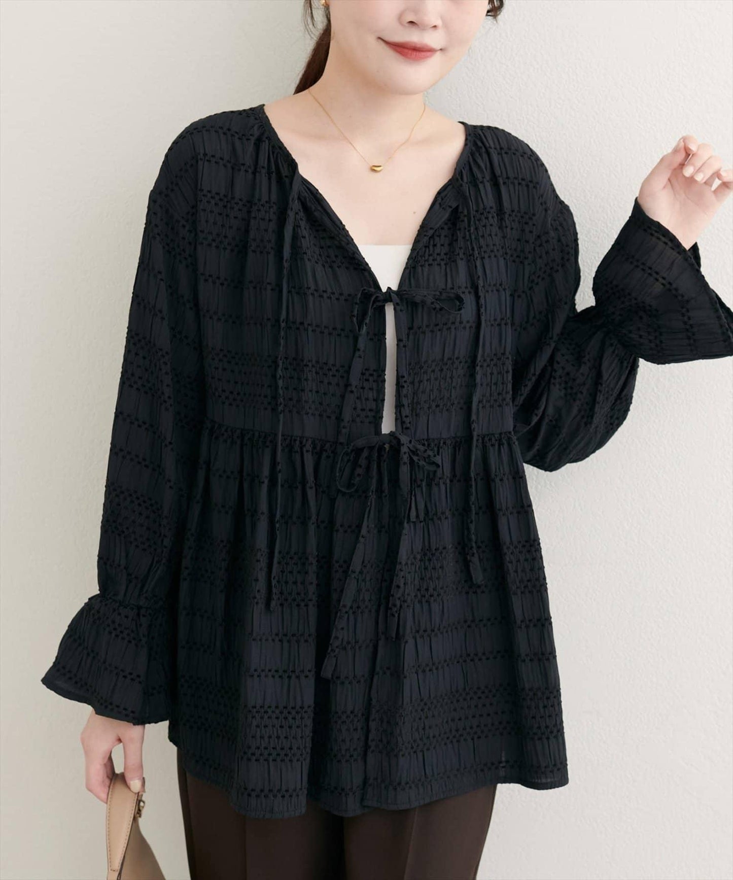 【natural couture】條紋燈籠袖荷葉邊上衣