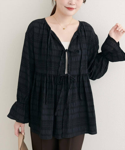 【natural couture】條紋燈籠袖荷葉邊上衣