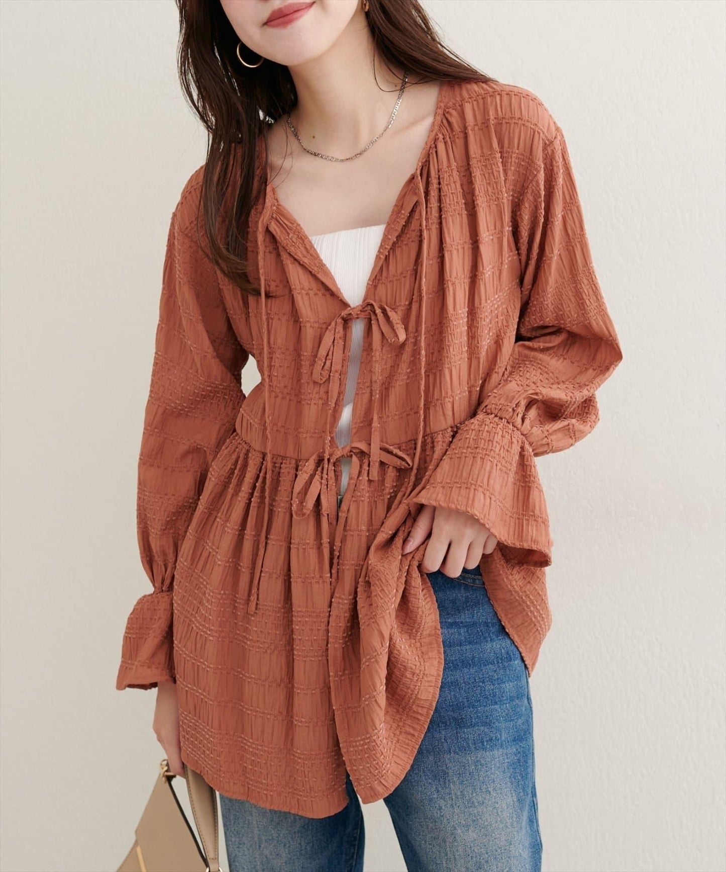 【natural couture】條紋燈籠袖荷葉邊上衣