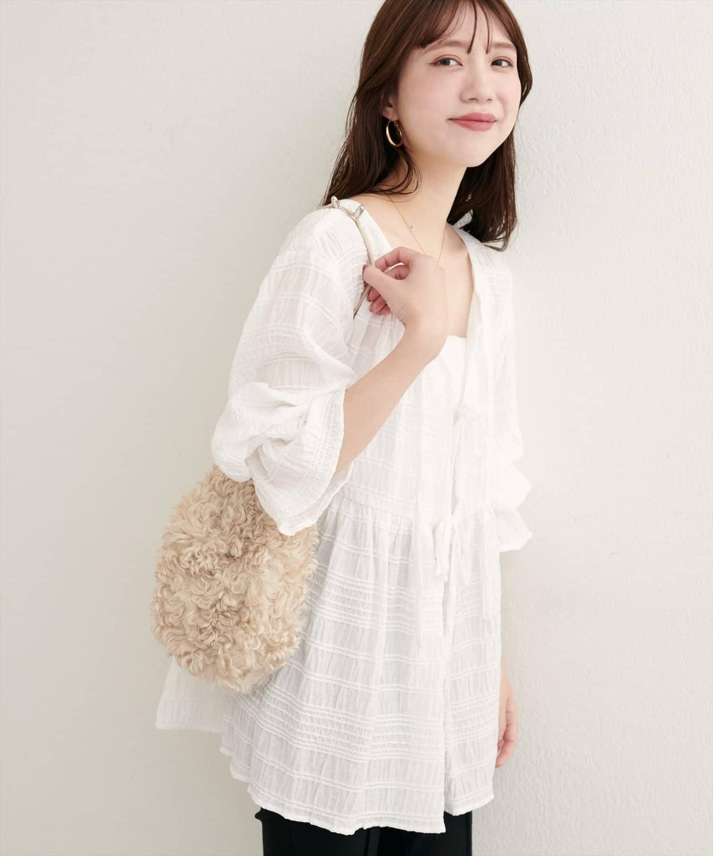 【natural couture】條紋燈籠袖荷葉邊上衣