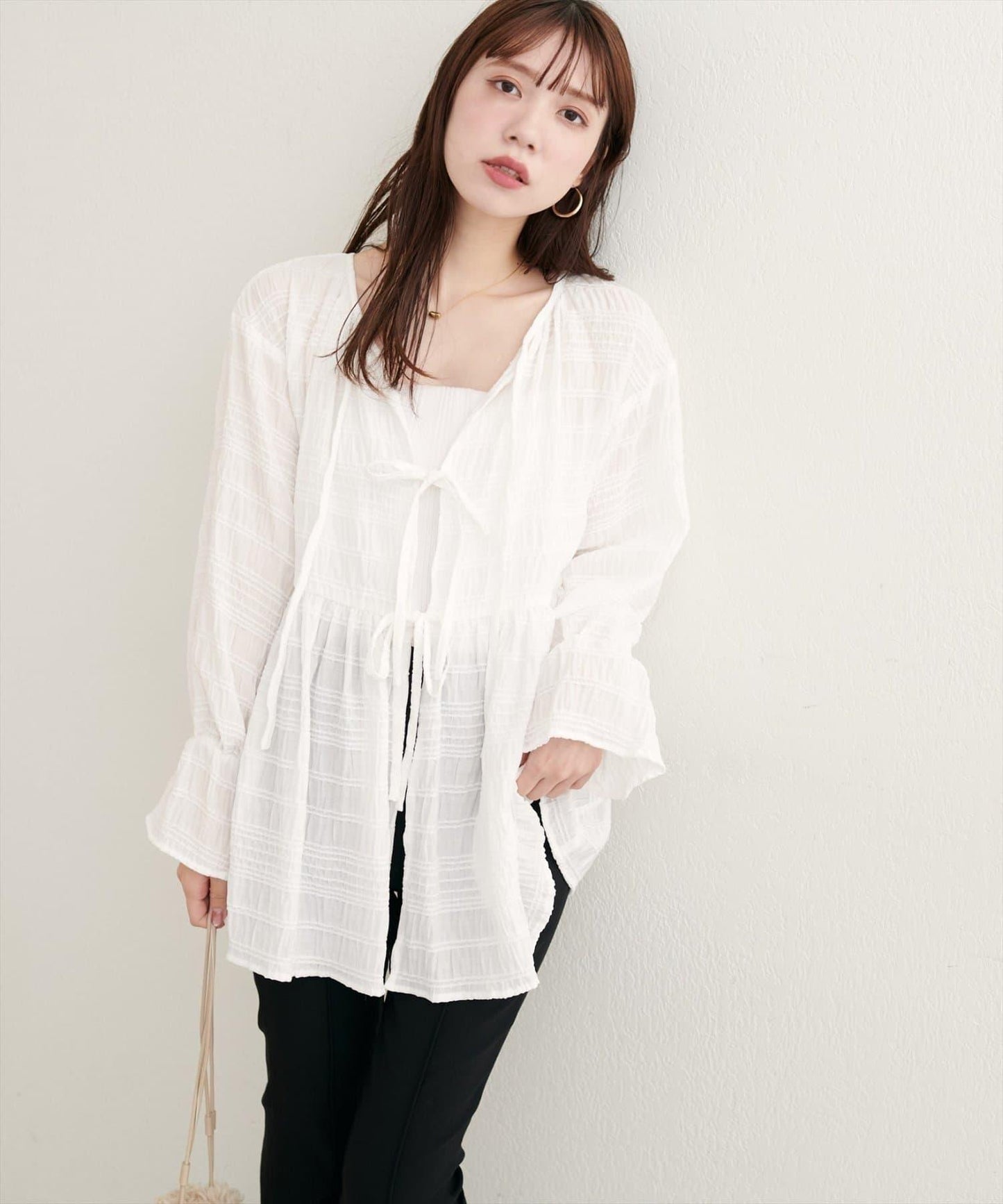 【natural couture】條紋燈籠袖荷葉邊上衣