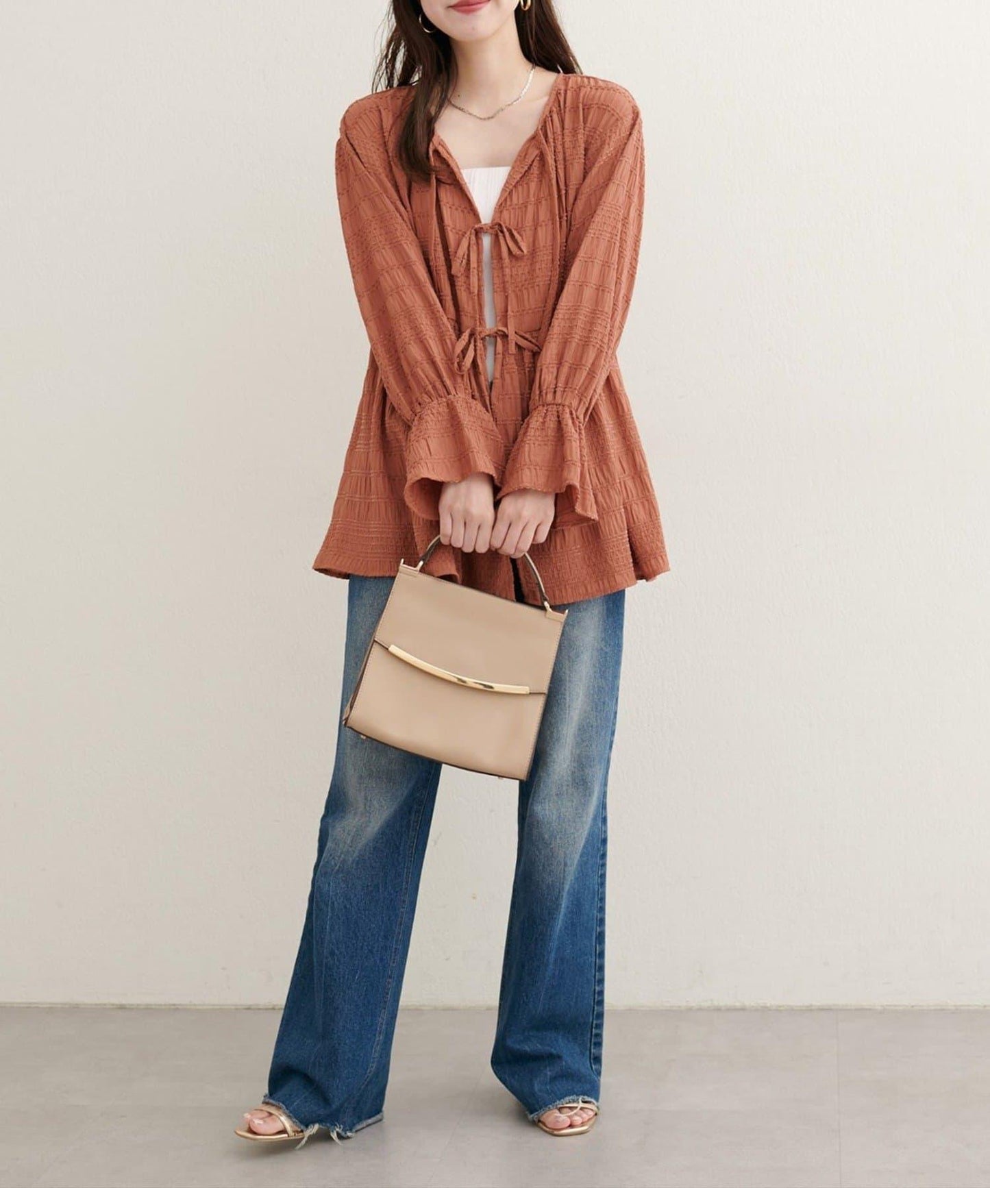 【natural couture】條紋燈籠袖荷葉邊上衣