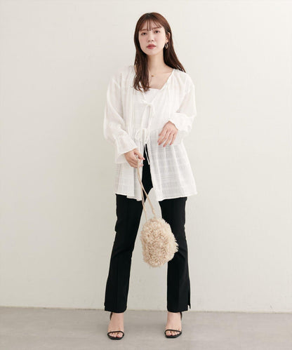 【natural couture】條紋燈籠袖荷葉邊上衣