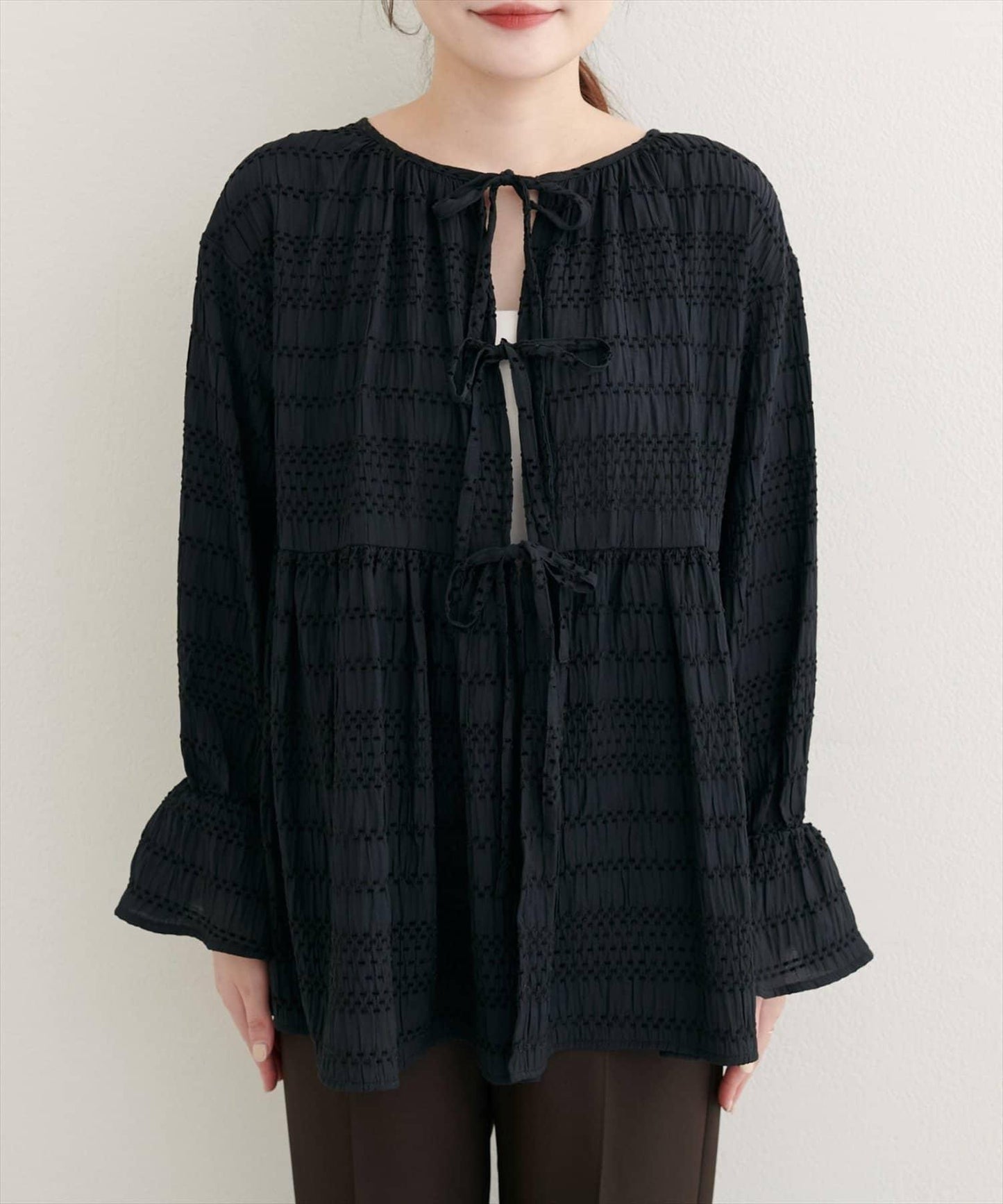 【natural couture】條紋燈籠袖荷葉邊上衣