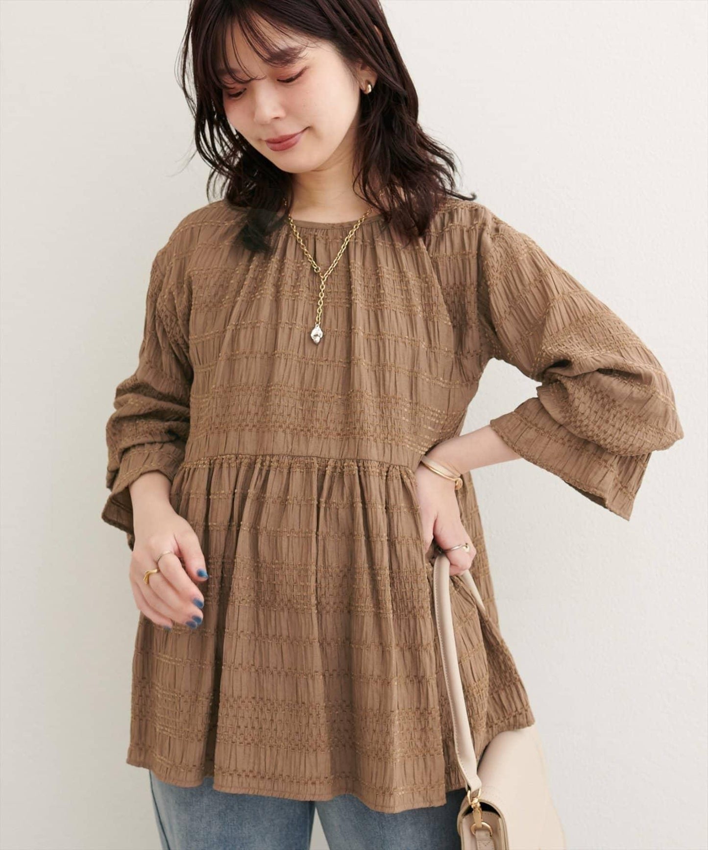 【natural couture】條紋燈籠袖荷葉邊上衣