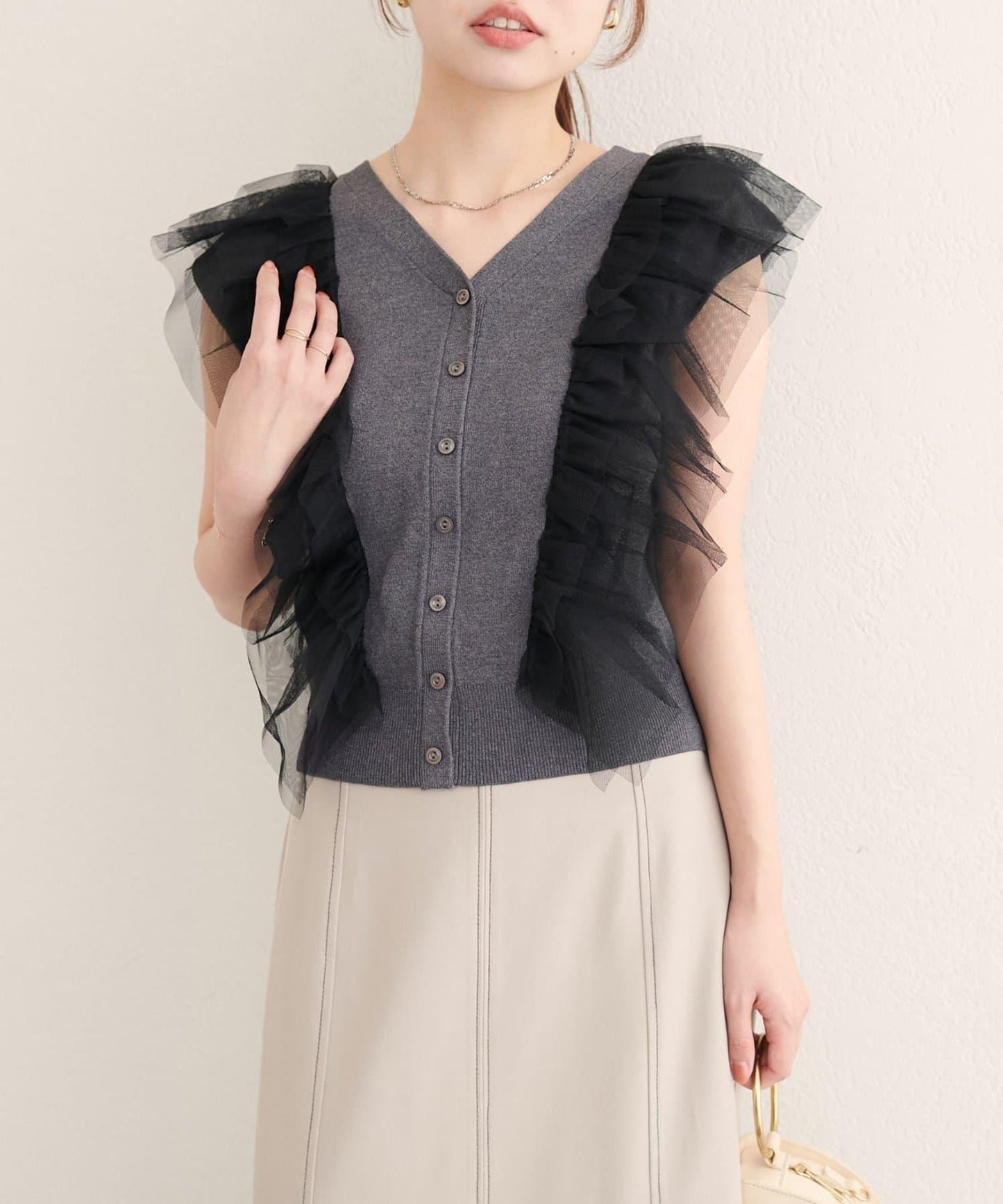 【natural couture】網紗荷葉邊針織背心