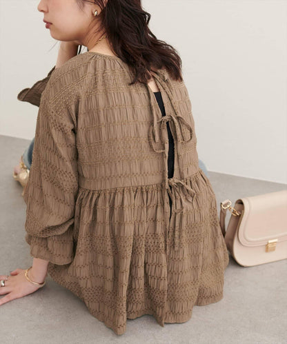 【natural couture】條紋燈籠袖荷葉邊上衣