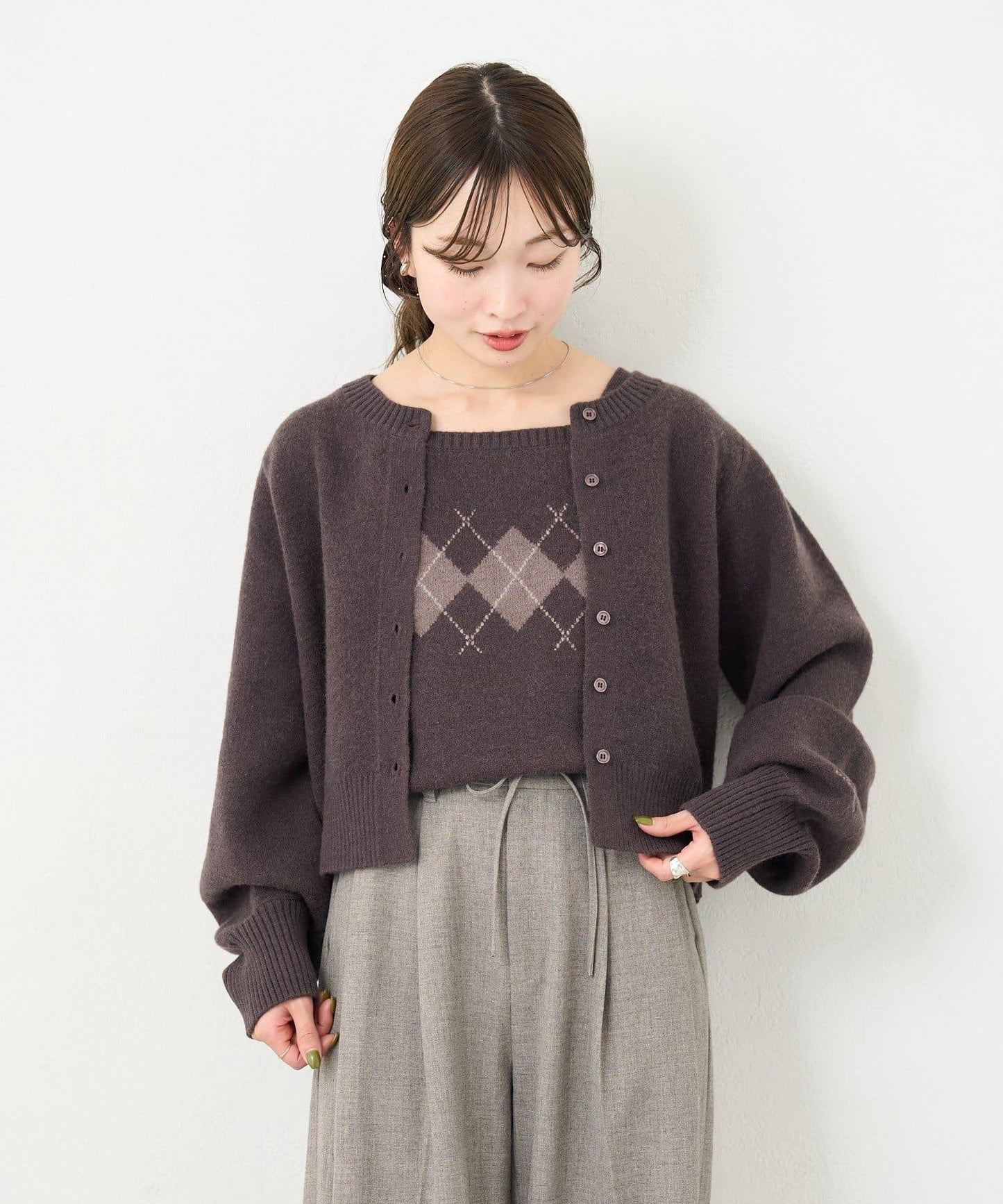 B 菱格吊帶套裝開衫