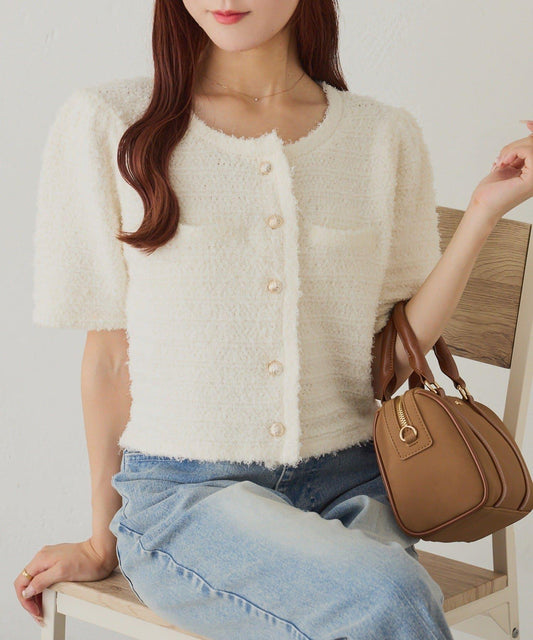 【one after another】金色紐扣短袖仿粗花呢開衫