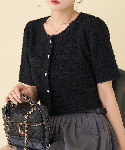 【one after another】金色紐扣短袖仿粗花呢開衫