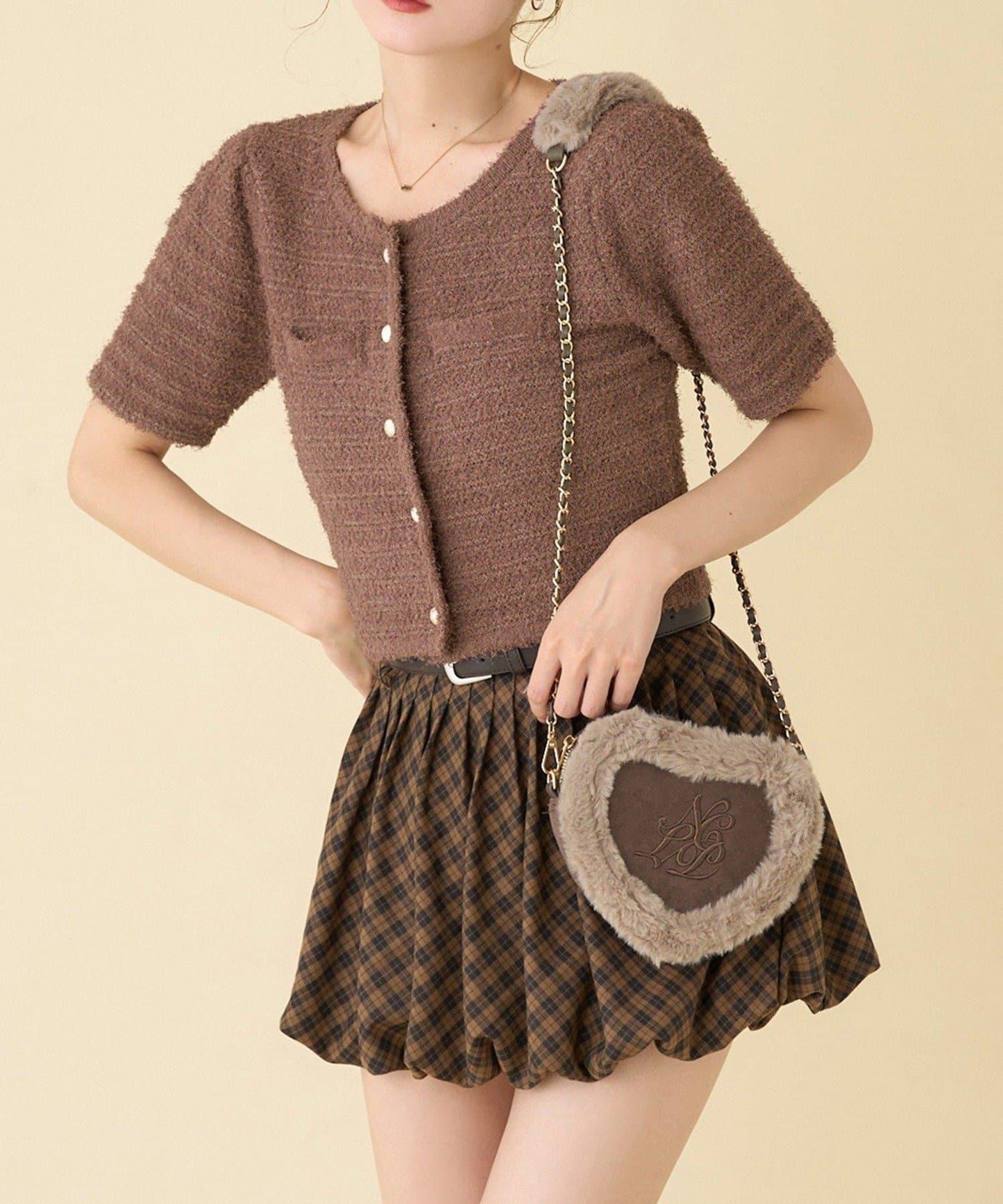 【one after another】金色紐扣短袖仿粗花呢開衫