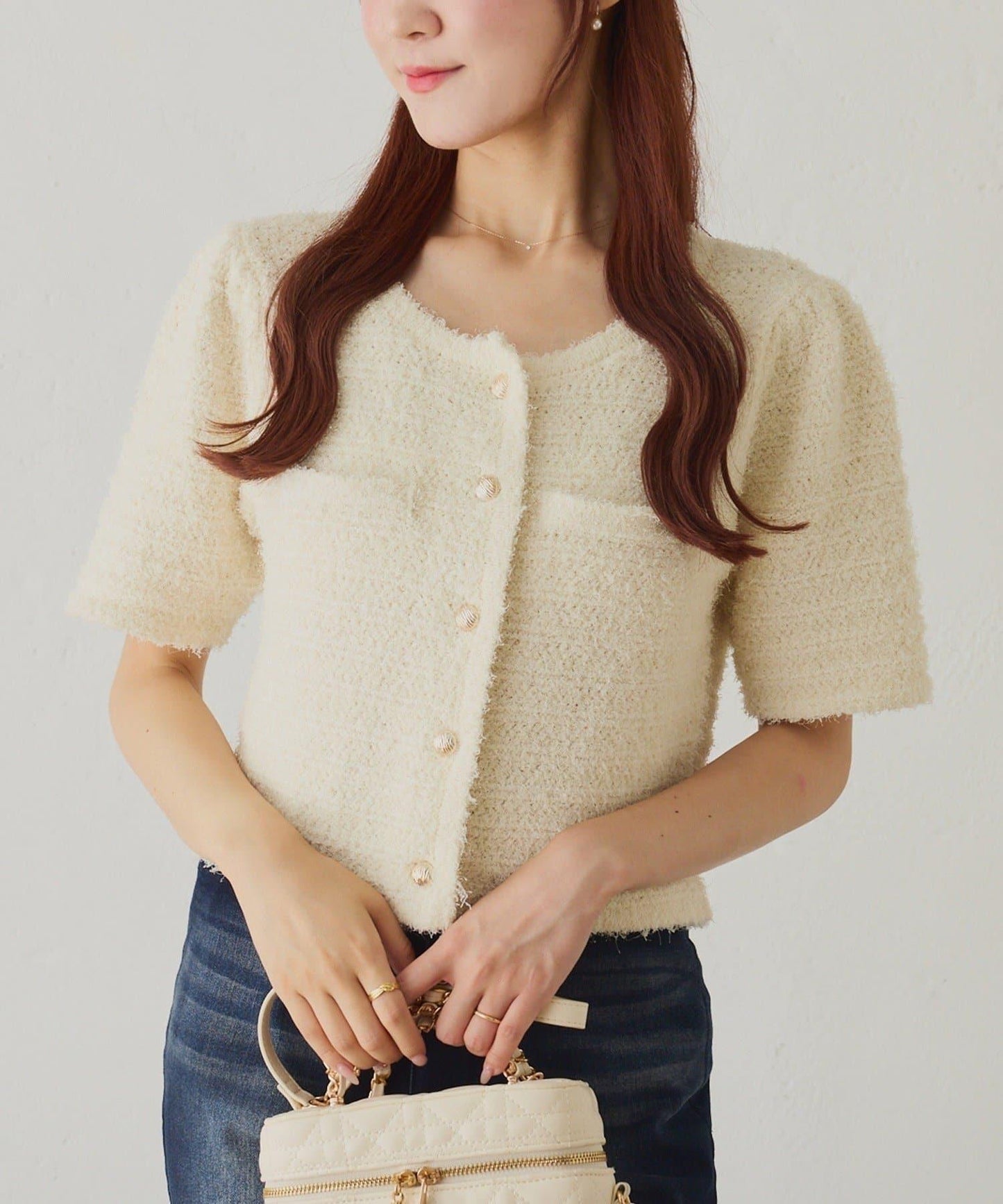 【one after another】金色紐扣短袖仿粗花呢開衫