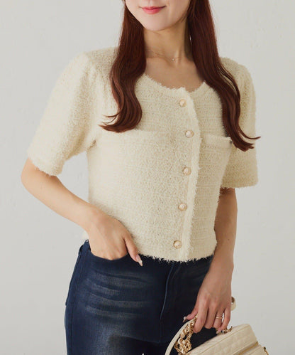 【one after another】金色紐扣短袖仿粗花呢開衫