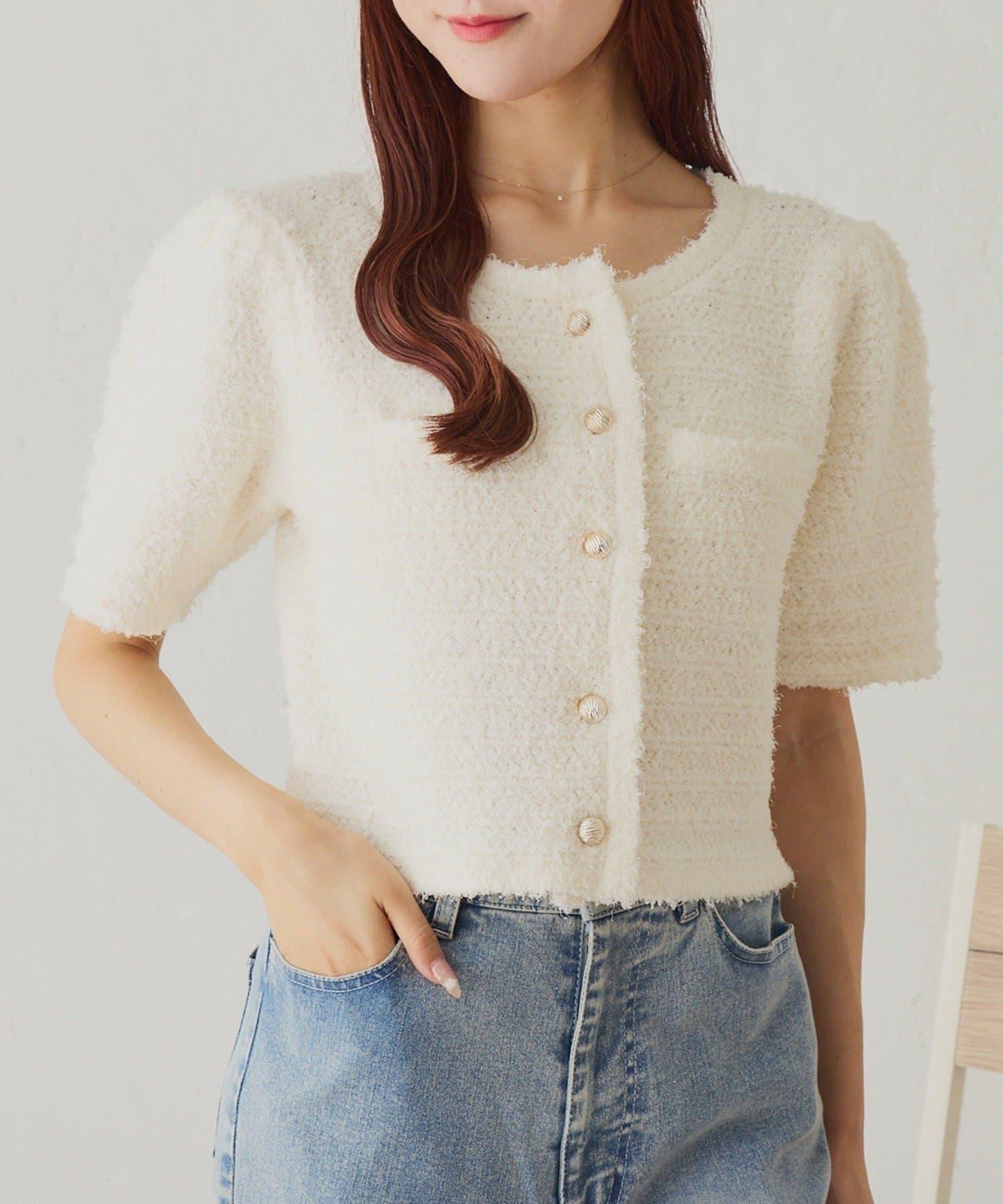 【one after another】金色紐扣短袖仿粗花呢開衫