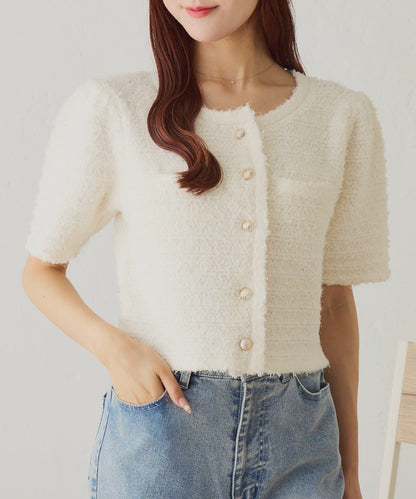 【one after another】金色紐扣短袖仿粗花呢開衫